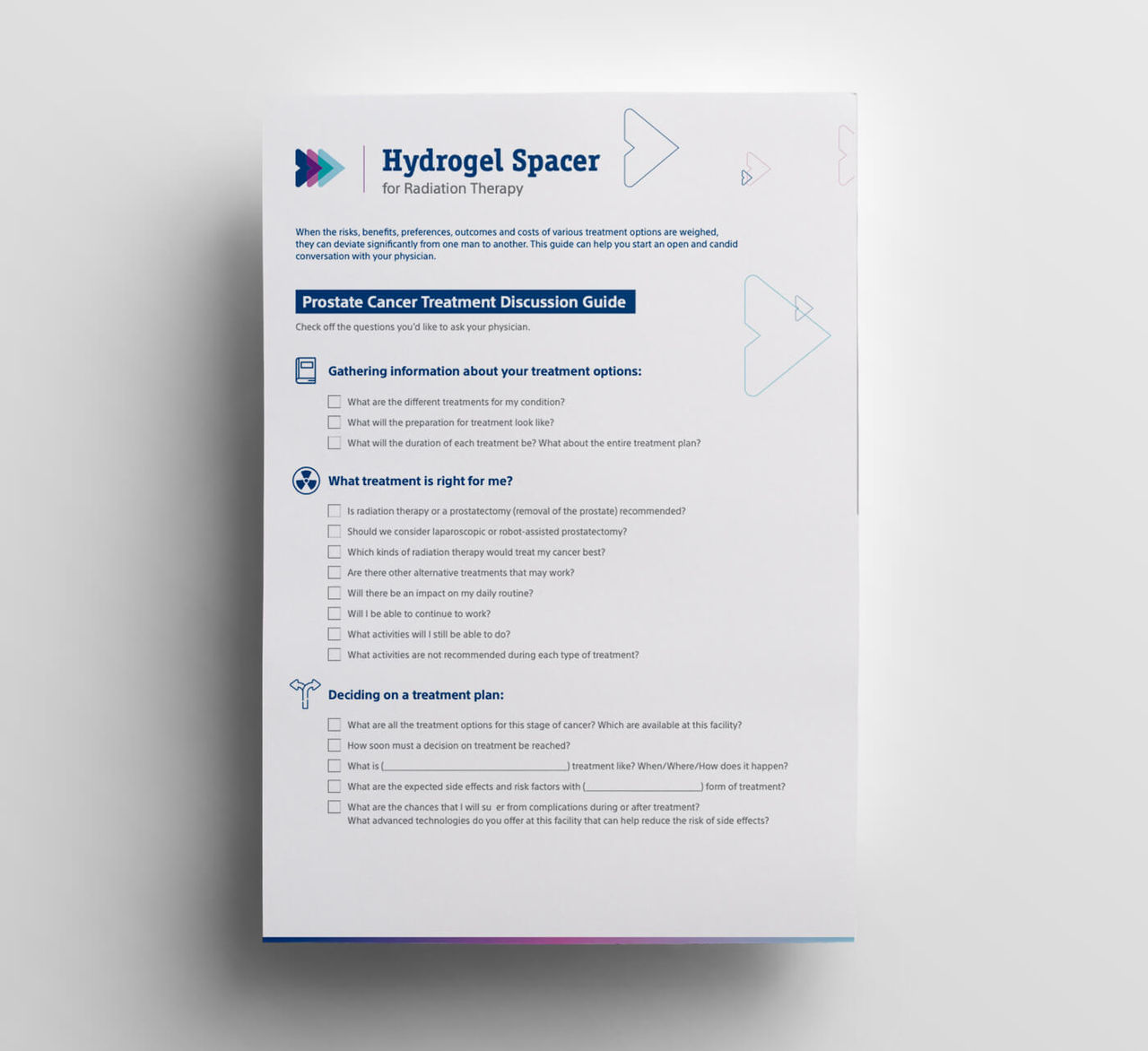 Brochure with a discussion guide about hydrogel spacer treatments